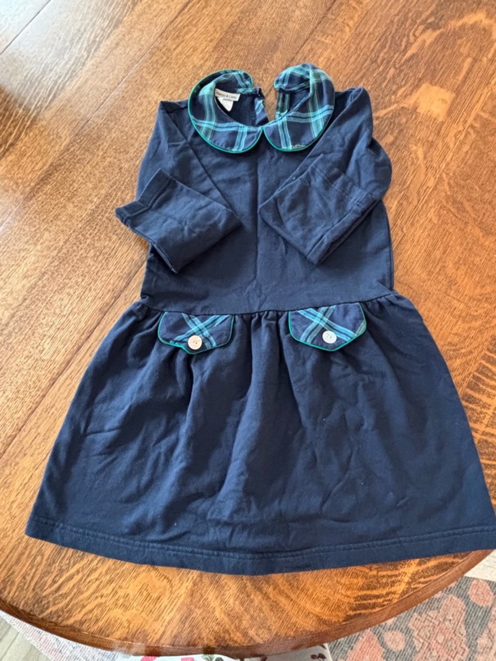 Girls' Navy Dress with Green Plaid Collar